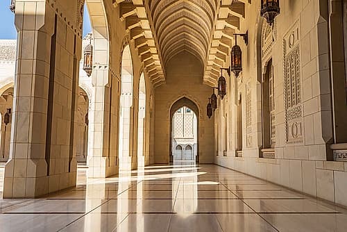 Middle East-Arabian Peninsula-Oman-Muscat-Exterior corridor of Sultan Qaboos Grand Mosque in Muscat Religious Print